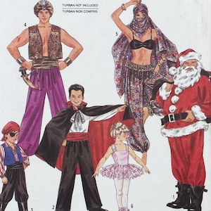 May include: A vintage costume pattern sheet featuring six different costume designs. Included are a pirate, a vampire, a belly dancer, a Santa Claus, a ballet dancer, and a Middle Eastern prince. The costumes are colorful and detailed.