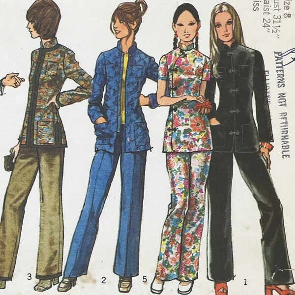 Simplicity 9961 - 1970s Quilted Mandarin Jacket, with Toggle or Asymmetrical Closure and Matching Pants Pattern  - Size 8 (31.5") - Cut