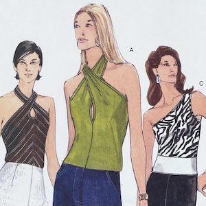 May include: Illustration of three women wearing different halter tops. The tops include a brown striped halter, a green halter with a keyhole, and a black and white zebra print one-shoulder top. The image is a fashion design illustration.