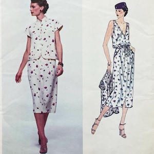 May include: A two-piece outfit consisting of a short-sleeved, button-front top and a matching midi-length skirt, both featuring a white base with a scattered purple floral pattern. The set is displayed alongside a fashion illustration of the same design.