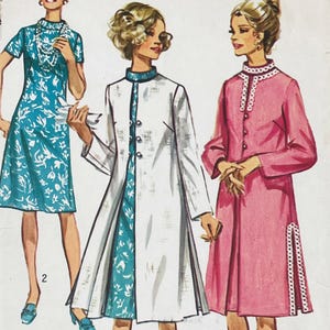 May include: Vintage fashion illustration showing three women in dresses. The dresses include a teal floral print dress, a white coat with teal floral accents, and a pink dress with white lace trim. The illustration has a retro aesthetic.