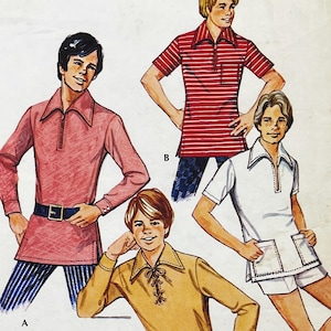 May include: Illustration of four shirts. One is a long-sleeved pink shirt with a black belt. Another is a red and white striped short-sleeved shirt. The third is a white short-sleeved shirt. The last is a mustard yellow shirt with a lace-up front.