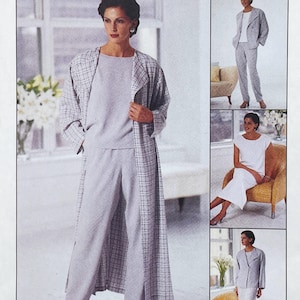May include: A sewing pattern envelope featuring a long-sleeved plaid duster coat, a solid light grey top, and matching trousers. Additional images show a blazer with trousers, a sleeveless white dress, and a short-sleeved jacket with a skirt.
