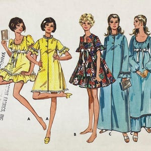May include: Vintage sewing pattern featuring illustrations of five different dresses. The dresses include a yellow dress with white polka dots, a patchwork print dress, and two long blue dresses. The pattern is from the 1960s.