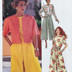 May include: A sewing pattern illustration featuring three outfits. Outfit A shows a coral short-sleeved jacket over a yellow top and culottes. Outfit B displays a floral jacket with solid culottes. Outfit D shows a floral jumpsuit with short sleeves.