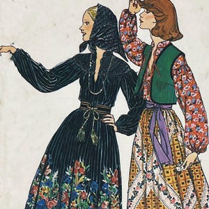 May include: Illustration of two women in vintage clothing. One wears a black dress with floral accents and a headscarf. The other wears a floral print top, green vest, and patterned skirt. Both outfits feature belts.