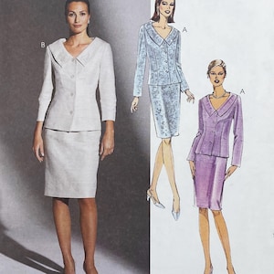 May include: A sewing pattern illustration featuring a two-piece suit with a jacket and knee-length skirt. The design includes a wide collar, long sleeves, and button closures. The pattern displays three variations in light beige, blue, and purple.