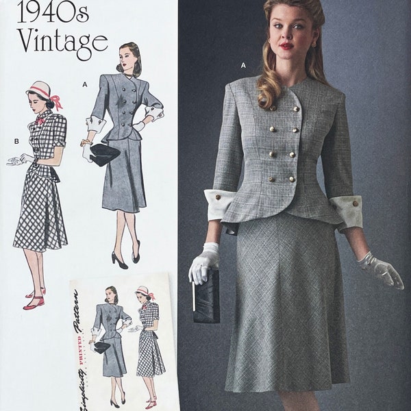 Simplicity 8242 - 1940s Reissued Double Breasted Suit Pattern - Size 10-18 or Size 20-28 - Uncut (FF)