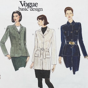 May include: Vogue basic design sewing pattern featuring three jacket styles. The jackets are in shades of green, white, and navy blue. The white jacket has a tie belt. The navy jacket has a gold belt. The pattern includes the Vogue logo.