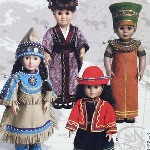 May include: Four dolls dressed in cultural attire. One doll wears an orange dress and a green headdress. Another doll is in a purple kimono. A third doll is in a Native American-inspired outfit. The last doll is wearing a red jacket and hat.