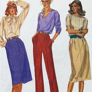 May include: Illustration of three women's outfits. The first outfit features a cream-colored blouse with a bow, a blue skirt, and a brown belt. The second outfit includes a purple V-neck top, red pants, and a brown belt. The third outfit has a beige sweater and skirt with a teal belt.