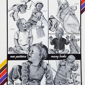 Stretch & Sew 824 - Molde de costura para enxoval de bebê e boneca dos anos 80 - Tamanho prematuro a 24 meses - Sem cortes (FF)