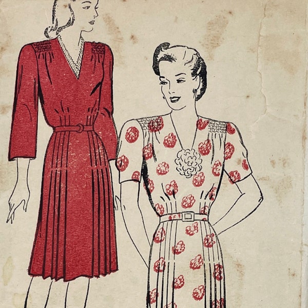 New York Pattern 994 - 1940s V-Neck Dress Pattern with Shirring at Shoulders and Pleated Skirt - Size 20 (38") - Complete