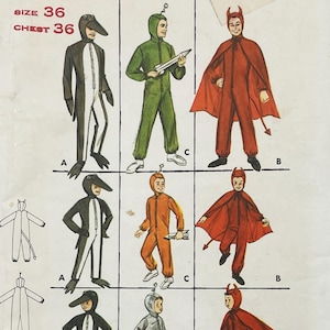 May include: Vintage sewing pattern featuring illustrations of children's costumes. The costumes include a penguin, an alien with a ray gun, and a devil with a cape. The text on the pattern reads "SIZE 36 CHEST 36".