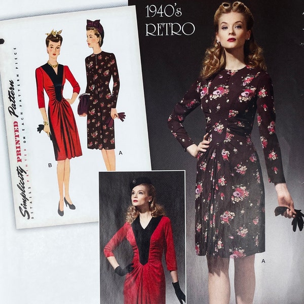 Simplicity 1777 - Reissued 1940s Dress Pattern with Front Ruched Inset - Size 6-14 (30.5-36") - Uncut (FF)