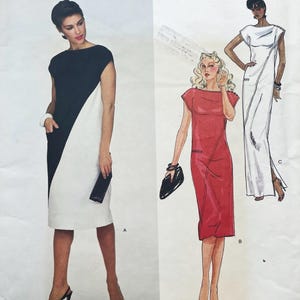 May include: A sewing pattern illustration featuring three dress variations. Dress A is a knee-length, color-blocked black and white shift dress. Dress B is a red knee-length dress with a diagonal seam. Dress C is a white floor-length gown.