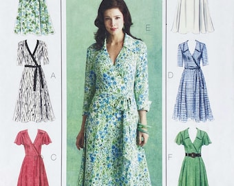 May include: A woman modelling a floral wrap dress with blue and green flowers. The image also shows dress patterns in various styles, including a black and white patterned wrap dress, a red wrap dress, and a blue and white checked wrap dress.