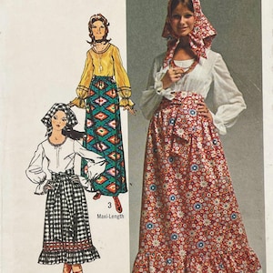 Puede incluir: Patrón de costura vintage con faldas y blusas de largo maxi. Las ilustraciones muestran mujeres con faldas largas con estampados florales y geométricos, combinadas con blusas y pañuelos. La paleta de colores incluye rojo, verde, amarillo y blanco.