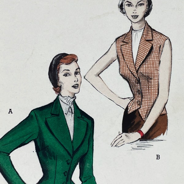 Butterick 5606 - Rare Early 1950s Vest-Cut Riding Jacket With or Without Sleeves - Size 16 (34") - Cut