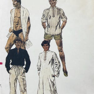 May include: A fashion illustration featuring four figures wearing various garments: a white towel, black briefs, a striped short-sleeve shirt with olive shorts, a black long-sleeve shirt with light trousers, and a long white tunic with a mandarin collar.