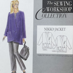 May include: A sewing pattern illustration for the Nikko Jacket from The Sewing Workshop Collection. The image features a drawing of a person wearing a purple jacket with a wrap front, side pockets, and long sleeves, paired with dark trousers and a bag.