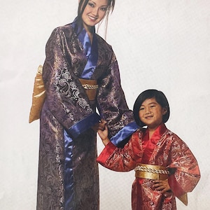 May include: A purple kimono with a metallic paisley pattern, blue trim, and a gold obi sash, alongside a red kimono with a matching metallic paisley pattern, red trim, and a gold obi sash. Both garments feature wide sleeves and structured waistbands.