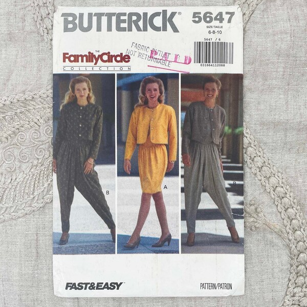 Butterick 5647 - Veste courte des années 1990, haut, jupe échancrée et sarouel marteau - Taille 6-10 (30,5-32,5 pouces) - Non coupé (FF)