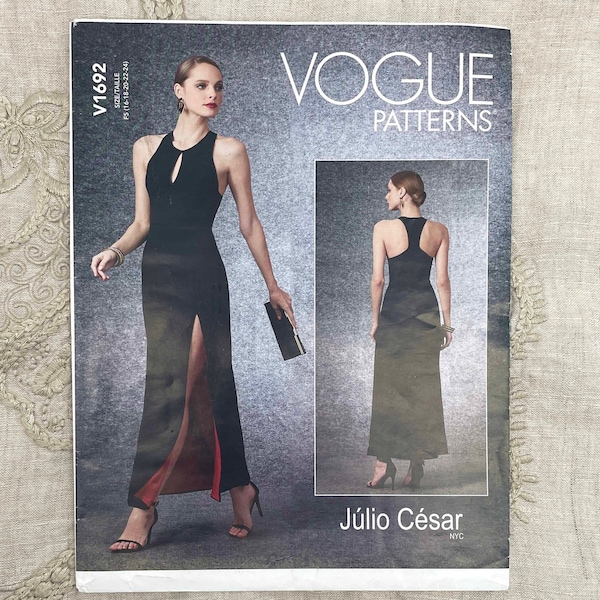 Vogue 1692 - Julio Cesar Racerback High Slit Evening Gown Pattern - Size 16-24 (38-46") - Uncut (FF)