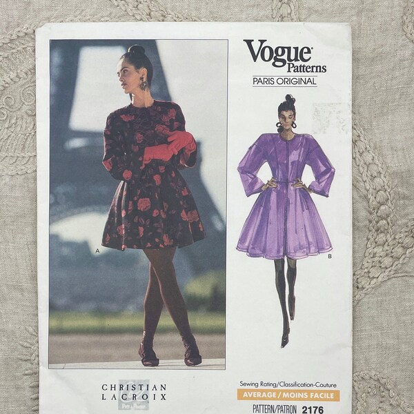 Vogue 2176 - Christian Lacroix 80s Dropped Shoulder Flared Skirt Jurk Naaien Patroon - Maat 14 (36") - Uncut (FF)