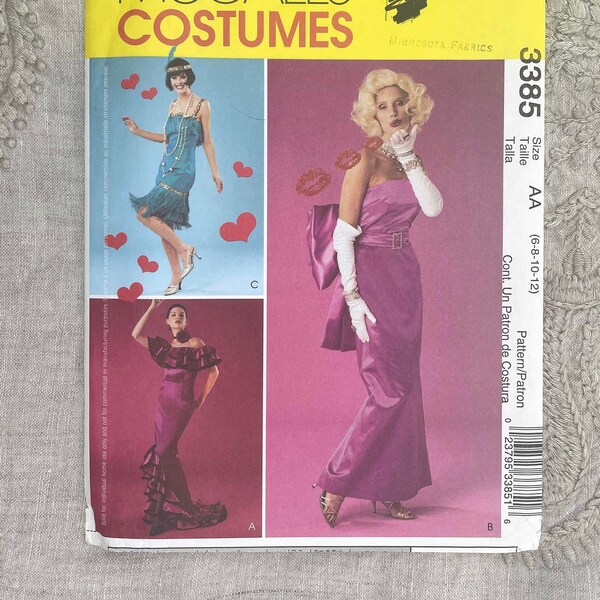 McCall's 3385 - Glamour Costumes Pattern with Marilyn Monroe, Flamenco Dancer and Flapper - Size 6-12 (30.5-34") - Uncut (FF)