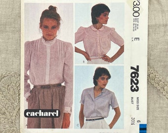 McCall's 7623 - Cacharel 1980s Button Down Romantic Blouse Pattern with Collar and Sleeve Options - Size 6 (30.5") - Uncut (FF)