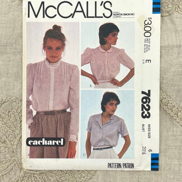 McCall's 7623 - Cacharel 1980s Button Down Romantic Blouse Pattern with Collar and Sleeve Options - Size 6 (30.5") - Uncut (FF)