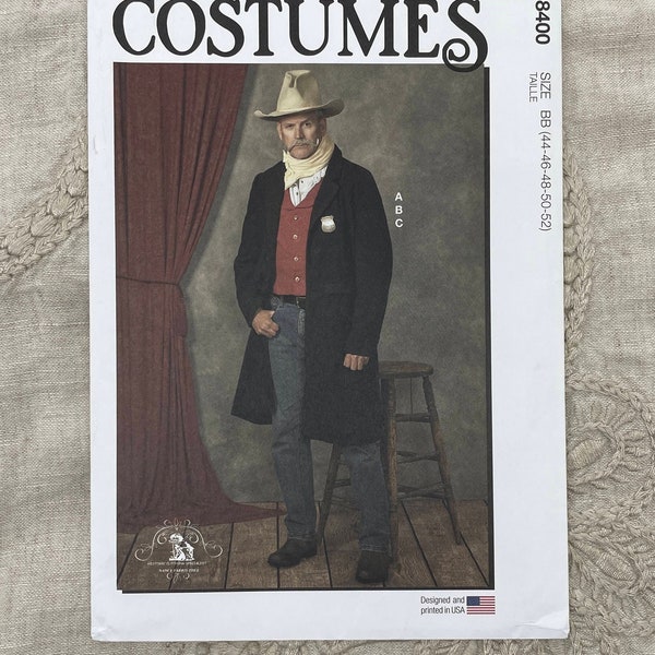 McCall's 8400 - Men's Western Wear Costume Pattern with Long Ridding Coat and Shawl Collar Vest - Chest 34-42" - Uncut (FF)