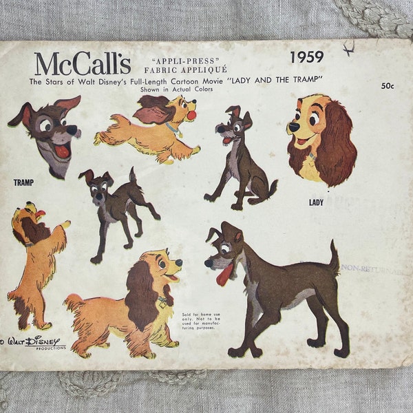 McCall's 1959 - (Incomplete) 1950s Lady and The Tramp Fabric Appliqué - Incomplete