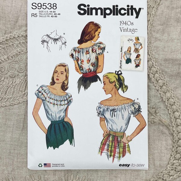 Simplicity 9538 - Reissued 1940s Milkmaid Blouse Pattern - Size 4-12 - Uncut (FF)