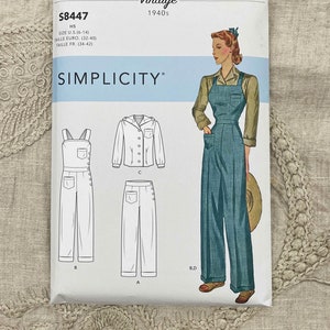 Simplicity 8447 - Reissued 1940s Overalls, Blouse and Side Button Pants Pattern - Size 6-14 - Uncut (FF)
