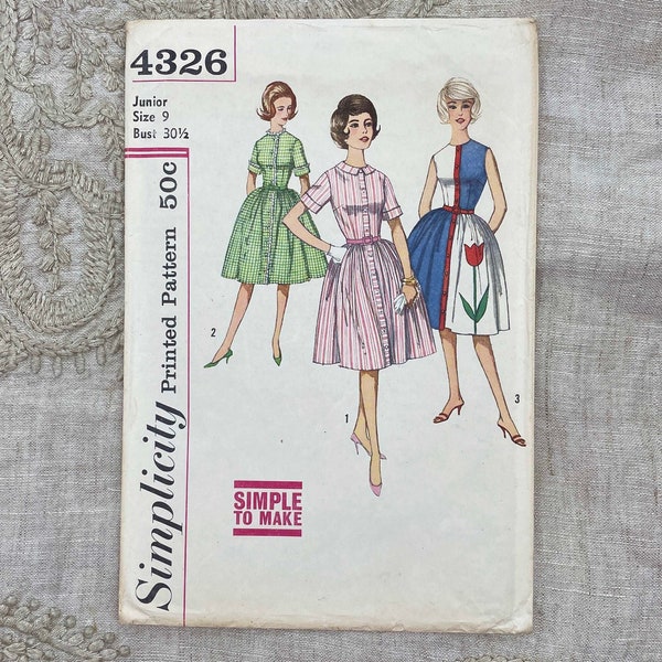 Simplicity 4326 - 1960s Color-Blocked Shirtwaist Dress Pattern - Size 9 (30.5") - Uncut (FF) - No Transfer