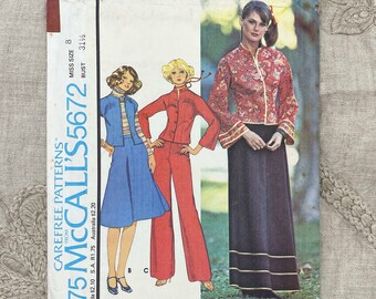 McCall's 5672 - 1970s Mandarin Collar Jacket with Bell Sleeves, Pants and Skirt Pattern - Size 8 (31.5") - Uncut (FF)
