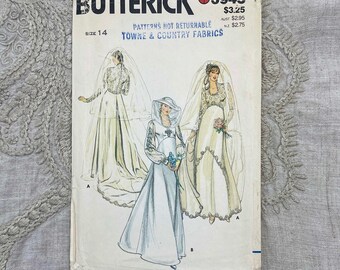 Butterick 3945 - 1980s Romantic Wedding Dress Pattern with Shaped Empire Waist and Detachable Train - Size 14 or Size 16 - Uncut (FF)