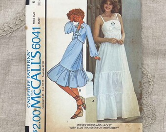 McCall's 6041 - 1970s Camisole Sundress and Mandarin Collar Jacket with Floral Embroidery - Size 6 (30.5") - Uncut (FF)