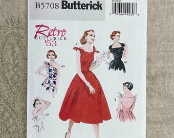 Butterick 5708 - Reissued 1953 Dress Pattern with Bias Bodice and Tie Shoulders - Size 6-14 or Size 14-22 - Uncut (FF)