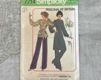 Simplicity 7714 - 1970s Boho Dress and Tunic with Mandarin Collar and Straight Pants Pattern - Size 6-8 (30.5-31.5") - Uncut (FF)