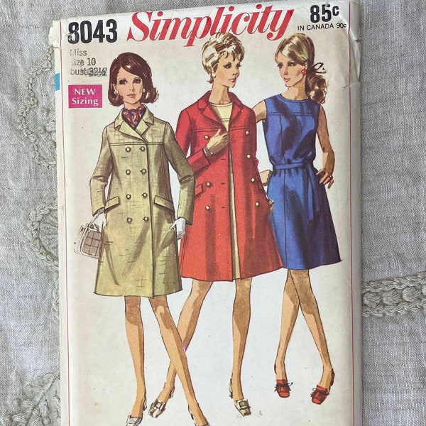Simplicity 8043 - 60s Double Breasted Trench Coat and Shift Dress Pattern - Size 10 (32 1/2") - Uncut
