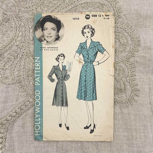 Hollywood Pattern 1010 Original 1940s Agnes Moorehead Shirtwaist Dress Pattern Size 14 32 Factory Cut image 2