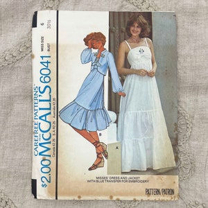 McCall's 6041 1970s Camisole Sundress and Mandarin Collar Jacket with Floral Embroidery Size 6 30.5 Uncut FF image 1
