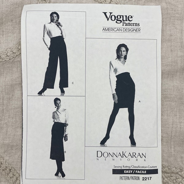 Vogue 2217 - Donna Karan 1980s High Waisted Skirt and Pants Pattern - Size 8 (33.5" Hip) - Uncut (FF) - MISSING ENVELOPE