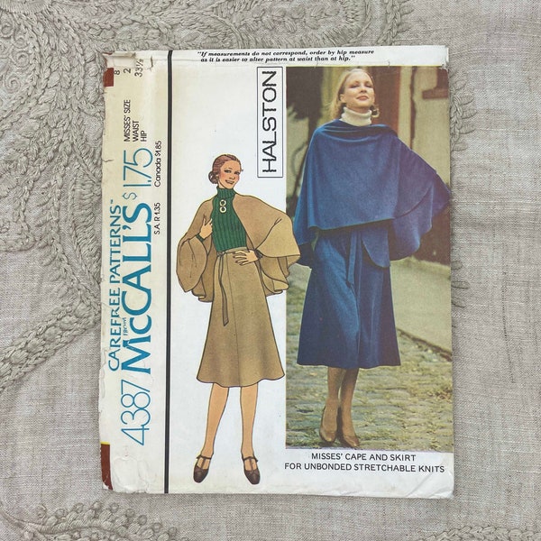 McCall's 4387 - 1970s Halston Knit Cape and Skirt Pattern - Size 8 (Hip 33 1/2") - Uncut (FF)