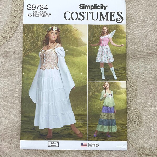 Simplicity 9734 - Fairycore Boned Corset, Peaseant Top with Bell Sleeves and Tiered Skirt Pattern - Size 8-16 or Size 18-26 - Uncut (FF)
