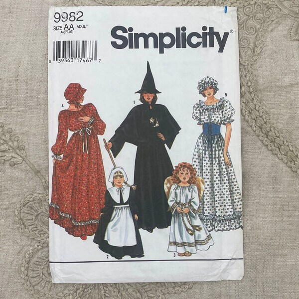 Simplicity 9982 -  Prairie Dress with Bonnet, Quaker, Witch and Angel Costumes - Size 6-20 (30.5-42") - Uncut (FF)