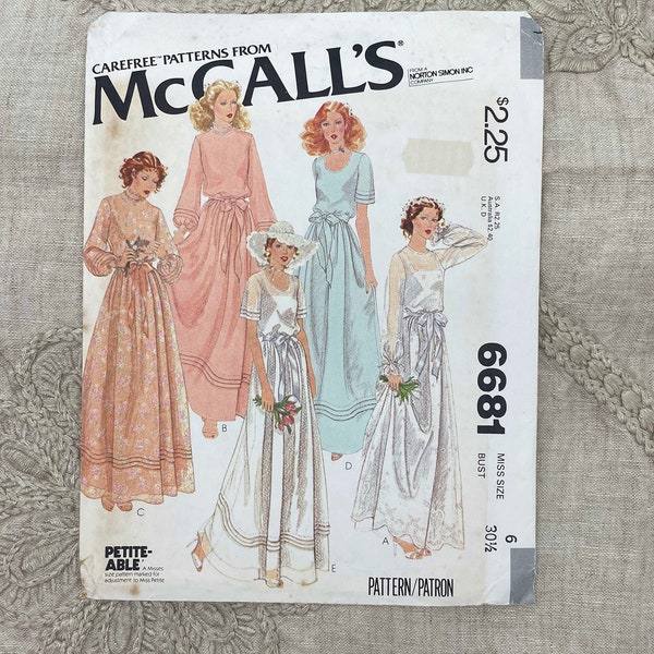 McCall's 6681 - 1970s Cottagecore Bridal and Bridesmaid Gowns Pattern - Size 6 (30.5") - Uncut (FF)